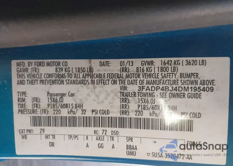 2013 Ford Fiesta Se from USA, damaged, VIN 3FADP4BJ4DM195409